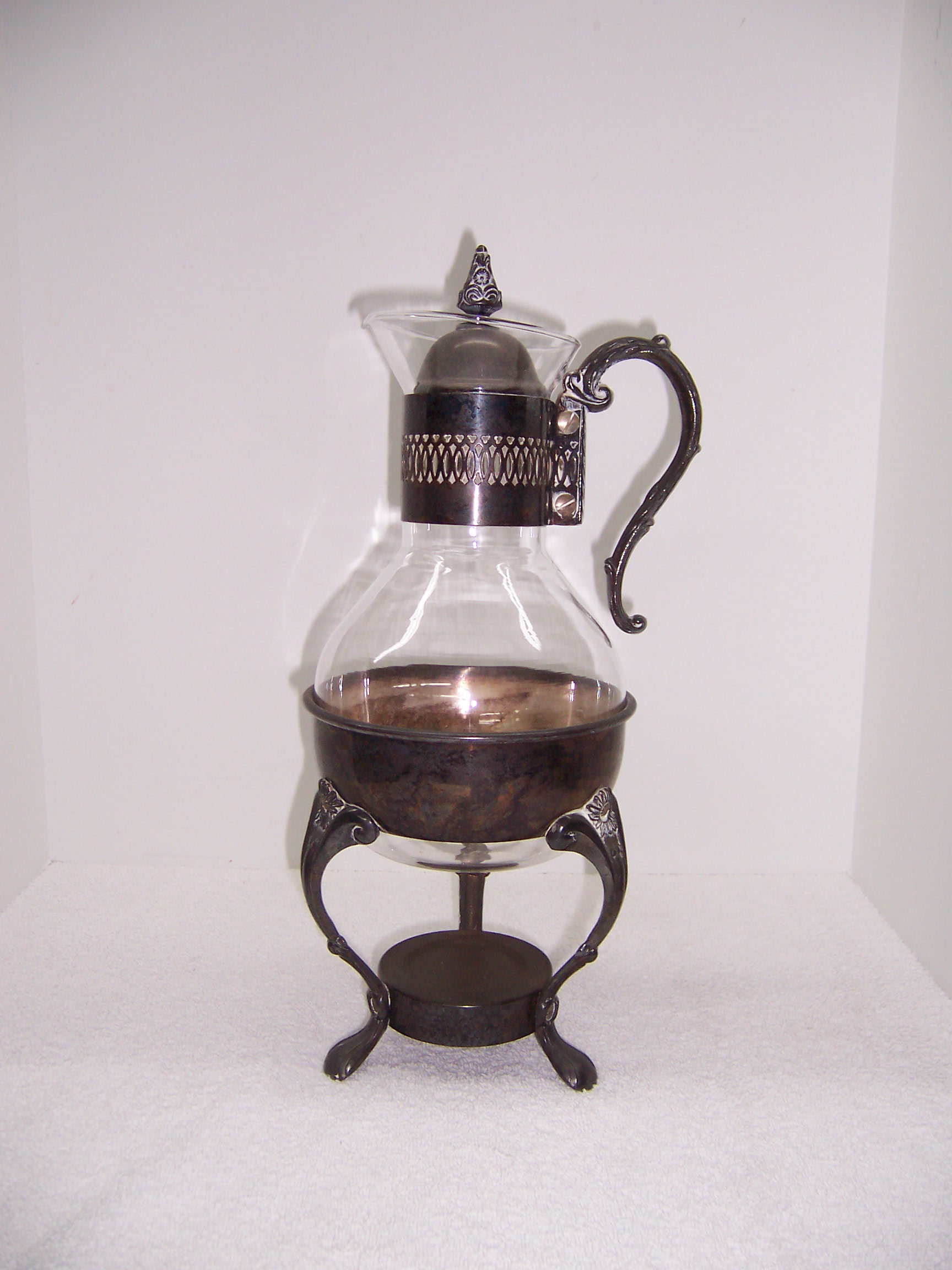 Silver Plate and Glass Coffee Carafe, Silver Plated Warming Stand